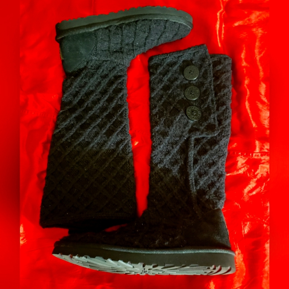 UGG 3066  Sweater Knit Tall Fold Over Black Boots Womens 7